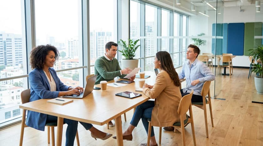 Quatre jeunes professionnels travaillent ensemble autour d'une table dans un bureau moderne et lumineux.
