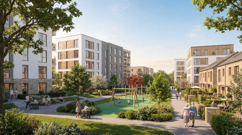 Quartier résidentiel moderne et verdoyant avec aire de jeux, familles et personnes âgées profitant d'un espace extérieur.