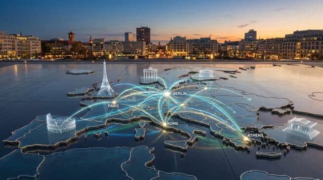 Carte de l'Europe avec des monuments emblématiques et des lignes lumineuses reliant les capitales.
