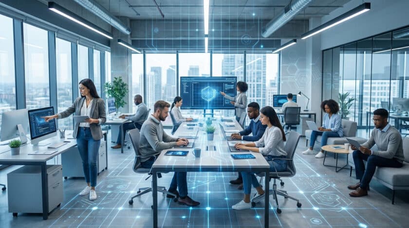 Employés travaillant dans un bureau moderne avec des interfaces numériques holographiques en surimpression.