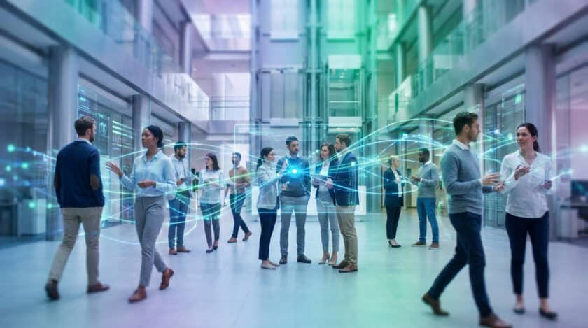 Des professionnels interagissent dans un bureau moderne avec des connexions numériques en surimpression représentant un réseau.