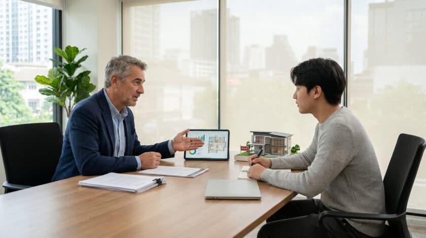 Un conseiller immobilier présente des graphiques et une maquette de maison à un client dans un bureau moderne.