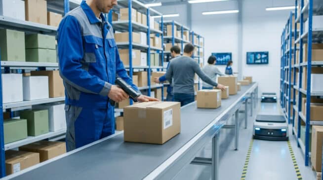 Employé scannant un colis sur un tapis roulant dans un entrepôt automatisé avec des robots.