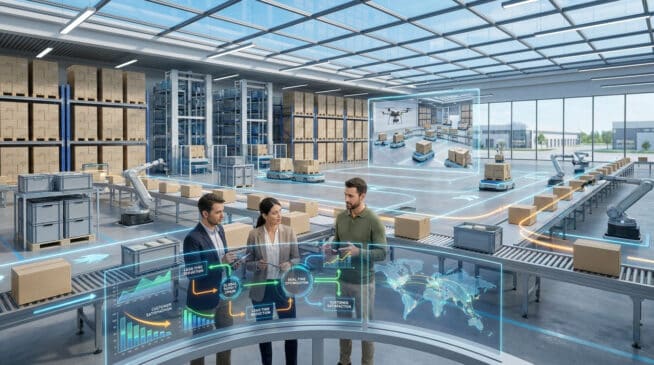 Trois professionnels analysant des données logistiques dans un entrepôt automatisé avec des robots et convoyeurs.
