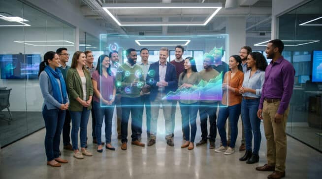 Groupe diversifié de professionnels analysant des graphiques numériques interactifs dans un bureau moderne.