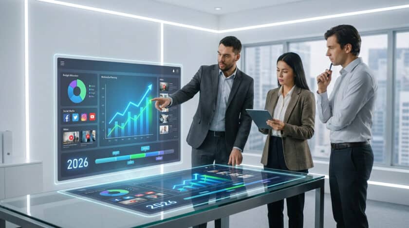 Professionnels analysant des tableaux de bord interactifs sur écran tactile dans un bureau moderne.