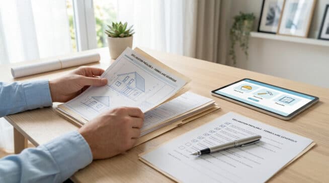 Une personne consulte des plans de maison et un formulaire administratif sur un bureau.
