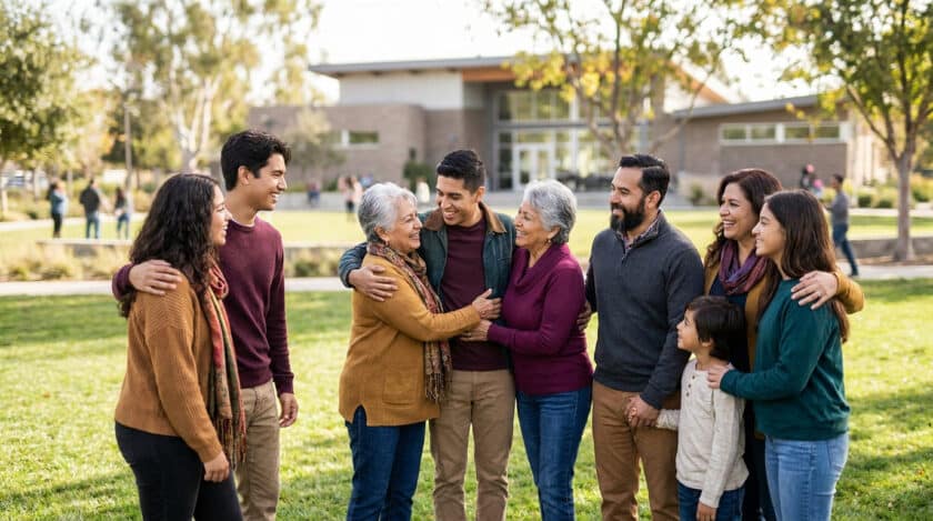 Un groupe diversifié de membres d'une même famille souriants, se tenant ensemble dans un parc ensoleillé.