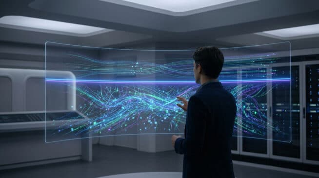 Un homme en costume examine un écran holographique affichant des flux de données complexes dans un centre de serveurs.