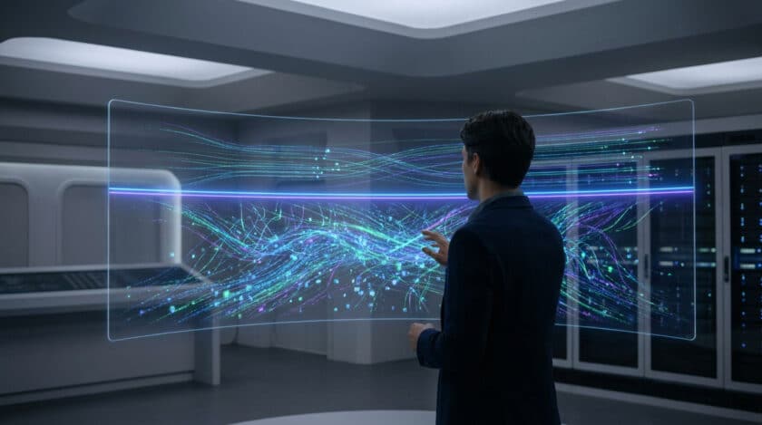 Un homme en costume examine un écran holographique affichant des flux de données complexes dans un centre de serveurs.