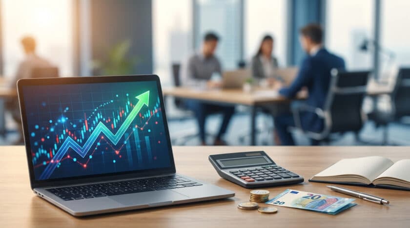Un ordinateur portable affichant un graphique de croissance financière sur un bureau avec un billet de 20 euros et une calculatrice.