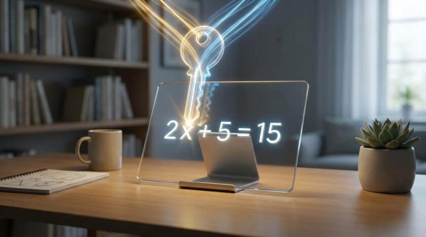 Une équation mathématique lumineuse sur un écran transparent surmonté d'une clé brillante dans un bureau.