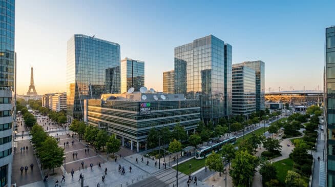 Vue aérienne du quartier d'affaires de la Plaine Saint-Denis avec des tours de bureaux, un tramway et la tour Eiffel.