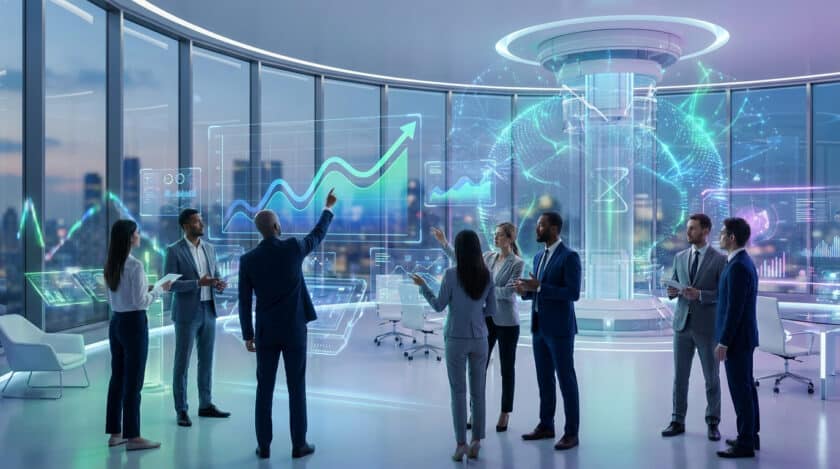 Une équipe d'affaires dans un bureau futuriste analysant des graphiques de données holographiques en 3D.