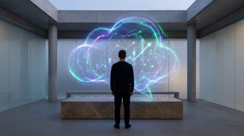 Un homme face à un nuage numérique holographique représentant des graphiques de croissance dans un espace minimaliste.