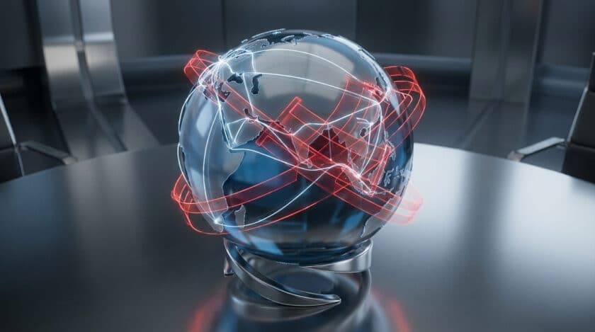 Globe terrestre en verre sur une table de conférence entouré d'anneaux lumineux rouges symbolisant des restrictions.