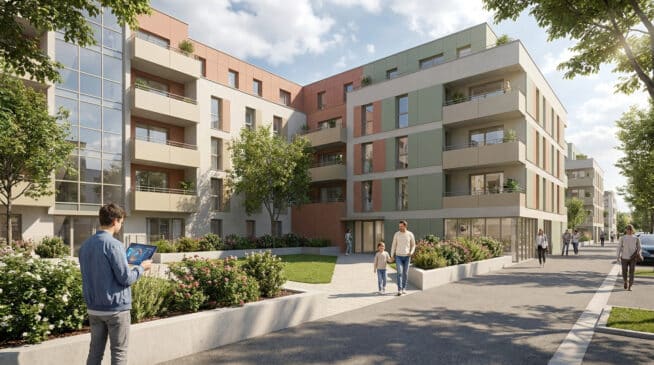 Rendu architectural d'un immeuble résidentiel moderne avec balcons et espaces verts, animé par des habitants.