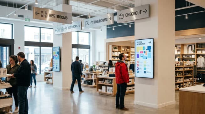 Signalétique intérieure et écrans d'information numérique dans un magasin moderne.