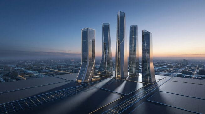Cinq gratte-ciels futuristes imposants surplombant une ville au coucher du soleil.
