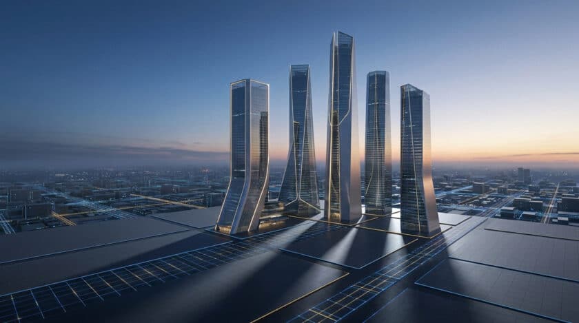 Cinq gratte-ciels futuristes imposants surplombant une ville au coucher du soleil.