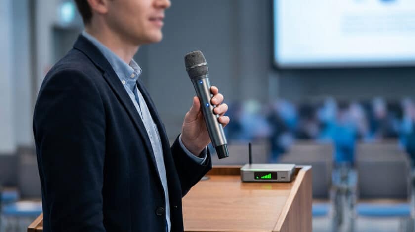 Un orateur tient un micro sans fil Audio-Technica AT-One devant une salle de conférence floue.