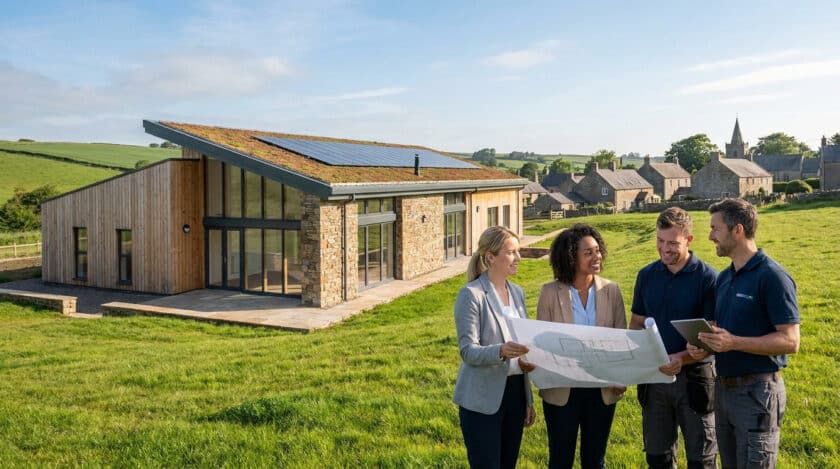 Une équipe de professionnels examine un plan de construction devant un bâtiment rural moderne à toit végétalisé.