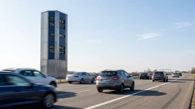 Radar tourelle gris et bleu au bord d'une autoroute avec des voitures en circulation.