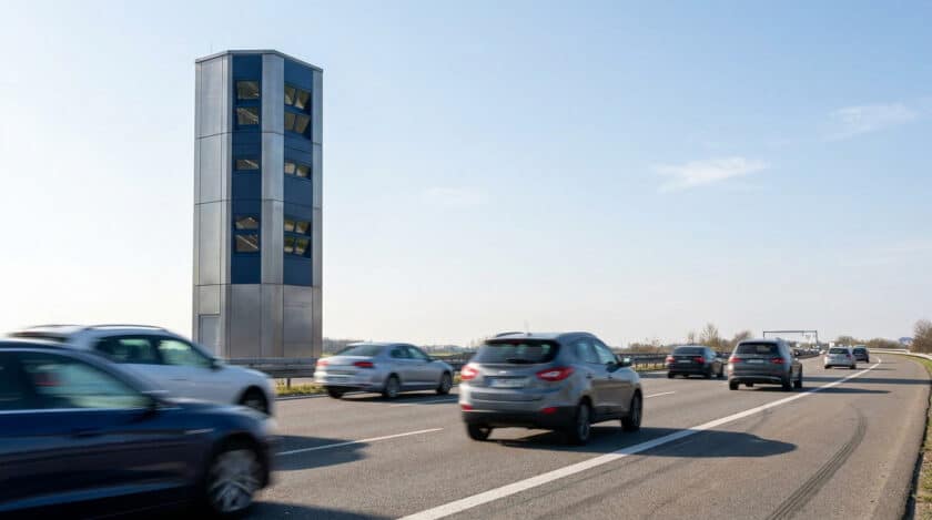 Radar tourelle gris et bleu au bord d'une autoroute avec des voitures en circulation.
