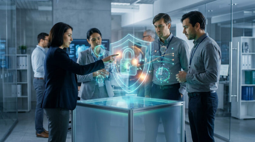 Professionnels dans un bureau moderne analysant une interface holographique affichant un cadenas de sécurité numérique.