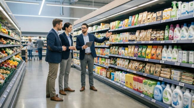 Trois professionnels en tenue d'affaires discutent devant un rayon de supermarché rempli de produits.