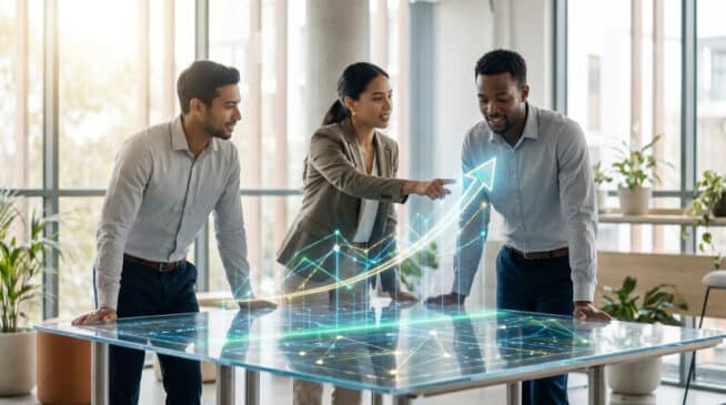 Une équipe professionnelle analyse une projection holographique de graphiques de croissance sur une table interactive.
