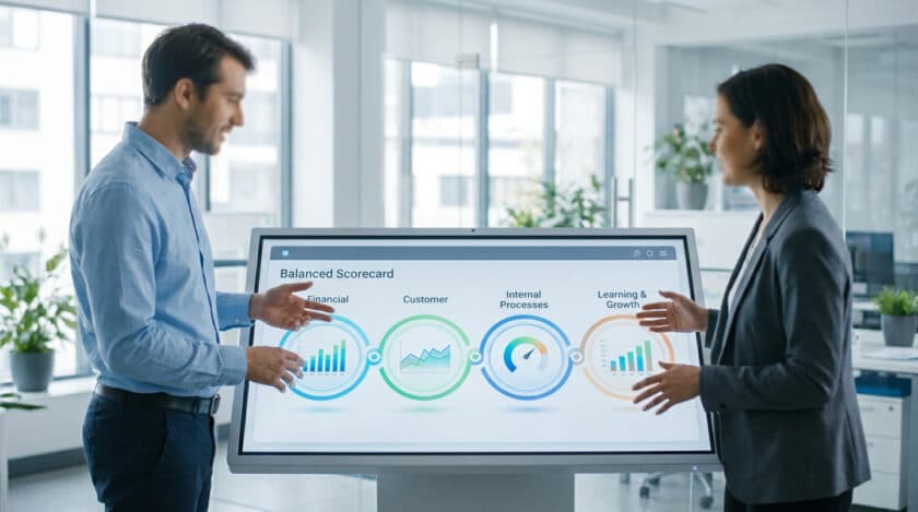 Deux collaborateurs analysent un tableau de bord prospectif (Balanced Scorecard) sur un écran interactif en entreprise.