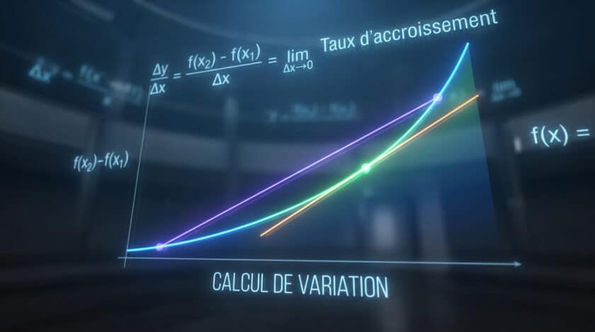 Graphique mathématique en 3D affichant la formule du taux d'accroissement avec des courbes lumineuses sur fond sombre.