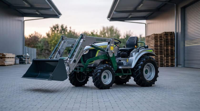 Un tracteur compact Greenline avec chargeur frontal stationné sur un sol pavé devant un entrepôt industriel.