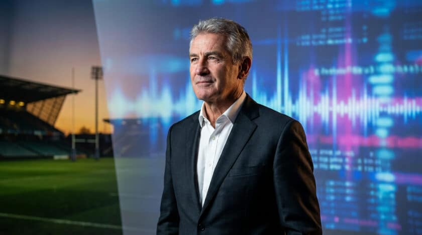 Portrait de Max Guazzini en costume sur fond composé d'un terrain de rugby et d'une onde sonore numérique.